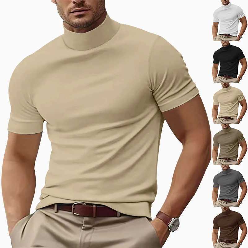 Cross-border summer new mens casual T-shirt fashion semi-high neck slim-fit solid color base trend W250224