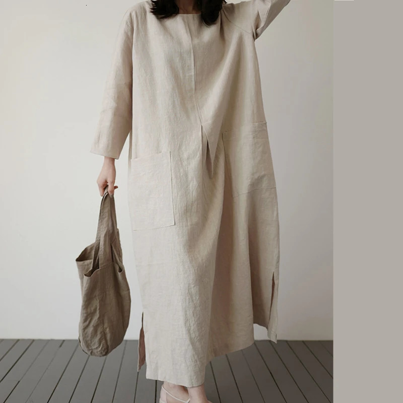 REALEFT Cotton and Linen Womens Loose Long Dresses Pockets High Waist ONeck Casual Straight Dress Female Summer 250222