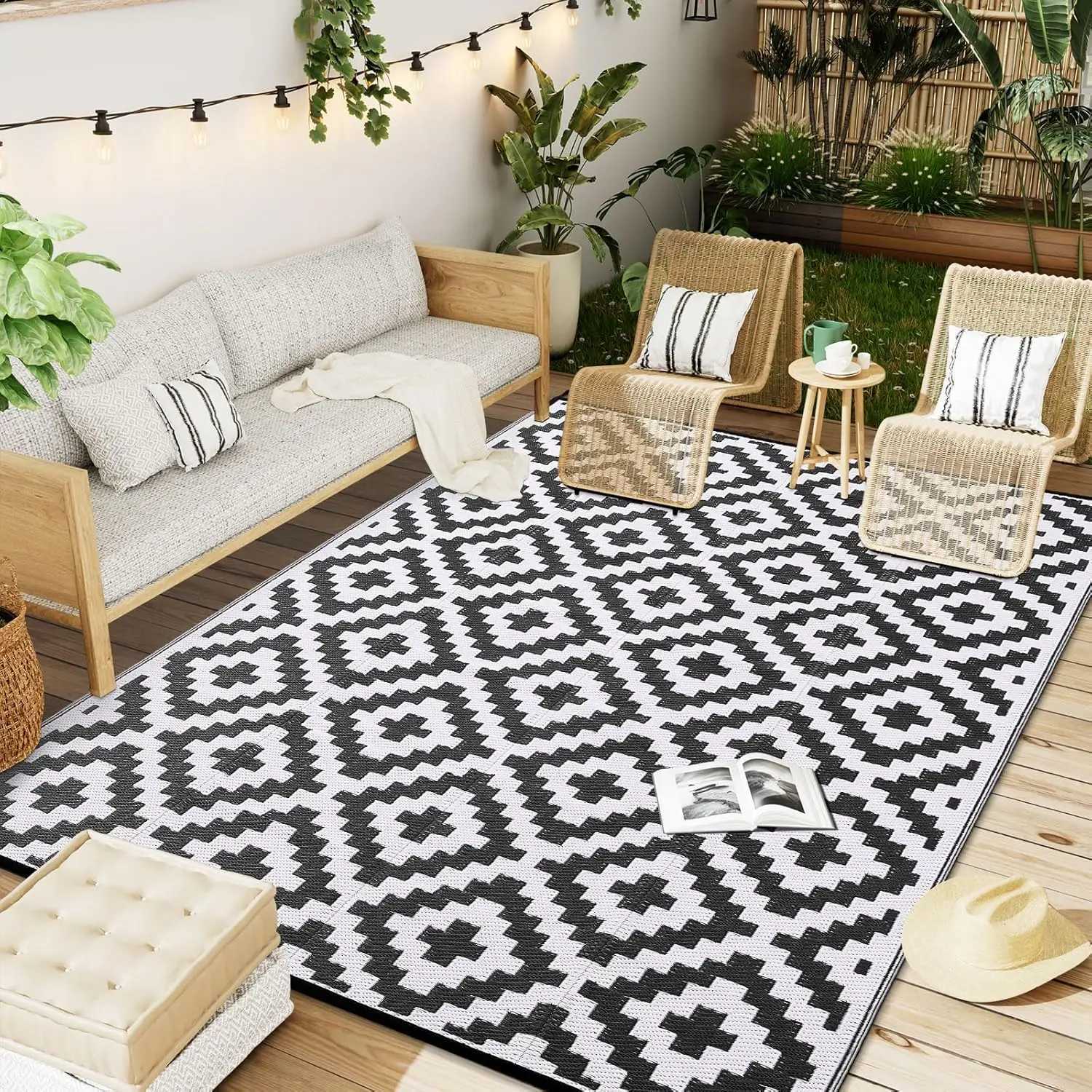 MiRcle Sweet Waterproof Outdoor Rug 4X6 ft Rrsible Black White Plastic Straw Patio Carpet for Camping 120X180cm Floor Mat Z250222
