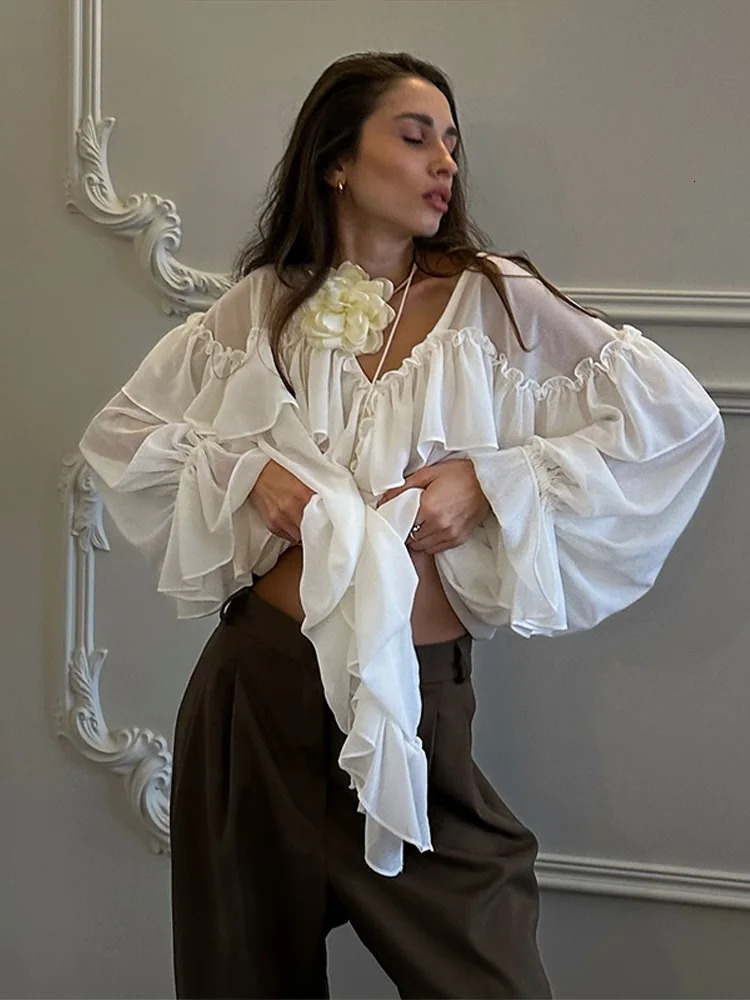Elegant Ruffle Solid Women Shirts See Through Vneck Long Lantern Sleeve Lady Top Spring Office Oversize Female Blouses 250222