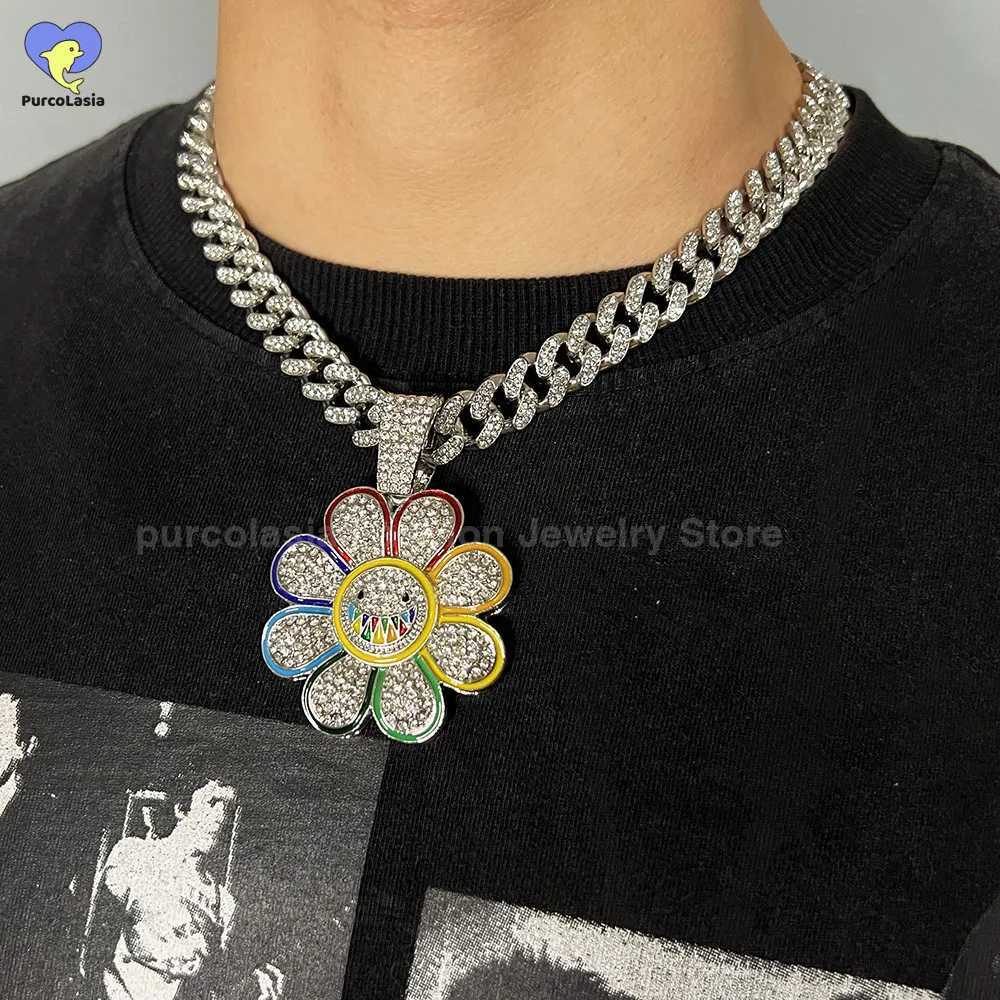 Shiny Cuban Chain Hip Hop Necklace for Men Wen Colorf Suower Pendant d Out Fl Rhinestones Accessories Jewelry X250224