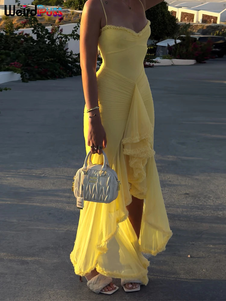 Weird Puss Ruffles Bandage Dress Women Sexy Backless Sleeveless Tassel LaceNeck See Through Slits Hem Prom Party Long Bodycon 250222