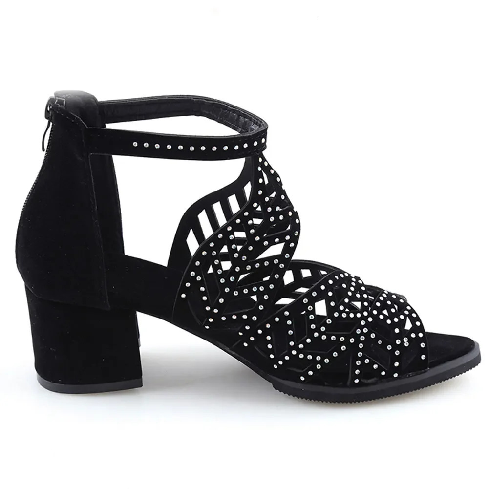 Womens Summer Hollow Artificial Leather Rhinestone Thick Heel Zipper Sandals Eur 3541 250218