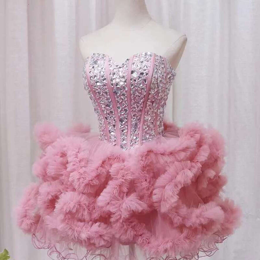 Short Elegant Pink Prom Pageant Dress Sweetheart Crystal Beading Ruffles Tulle Evening Formal Party Gowns Birthday Wear Robe De Soiree