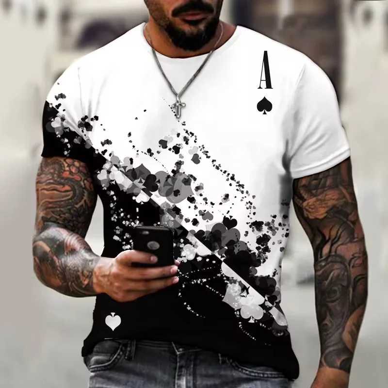 Black and white poker T-shirt 3D spade print fashion street O-neck mens T-shirt short sleeved hip-hop casual summer top W250224