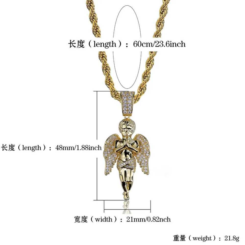 TOPGRILLZ HipHop Mens Wen Necklace Gold Color Plated and Out Micro Pave CZ Stone Angel Pendant Necklaces Gifts X250224