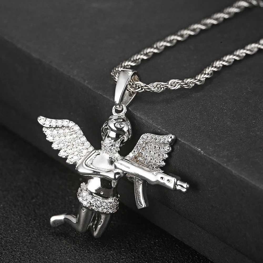 Hip Hop Rapper Punk New Trend d Out Angel With Gun Diamond Jewelry Vengeance Angel Wing Pendant Choker Necklace Wen Gift X250224