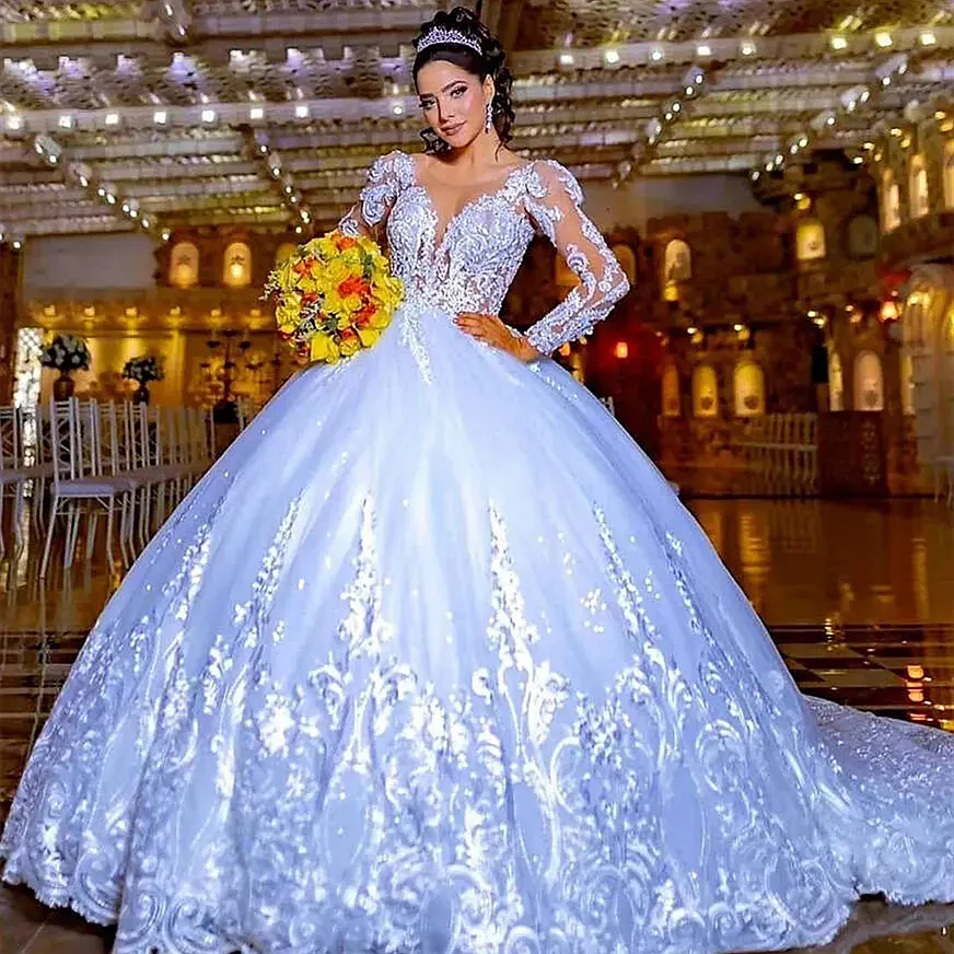 Arabic Luxurious Beaded Crystals Wedding Dresses White Ball Gown Dubai Brides Dress Lace Appliques Long Sleeves Princess Bridal Gowns Vestido De Novia