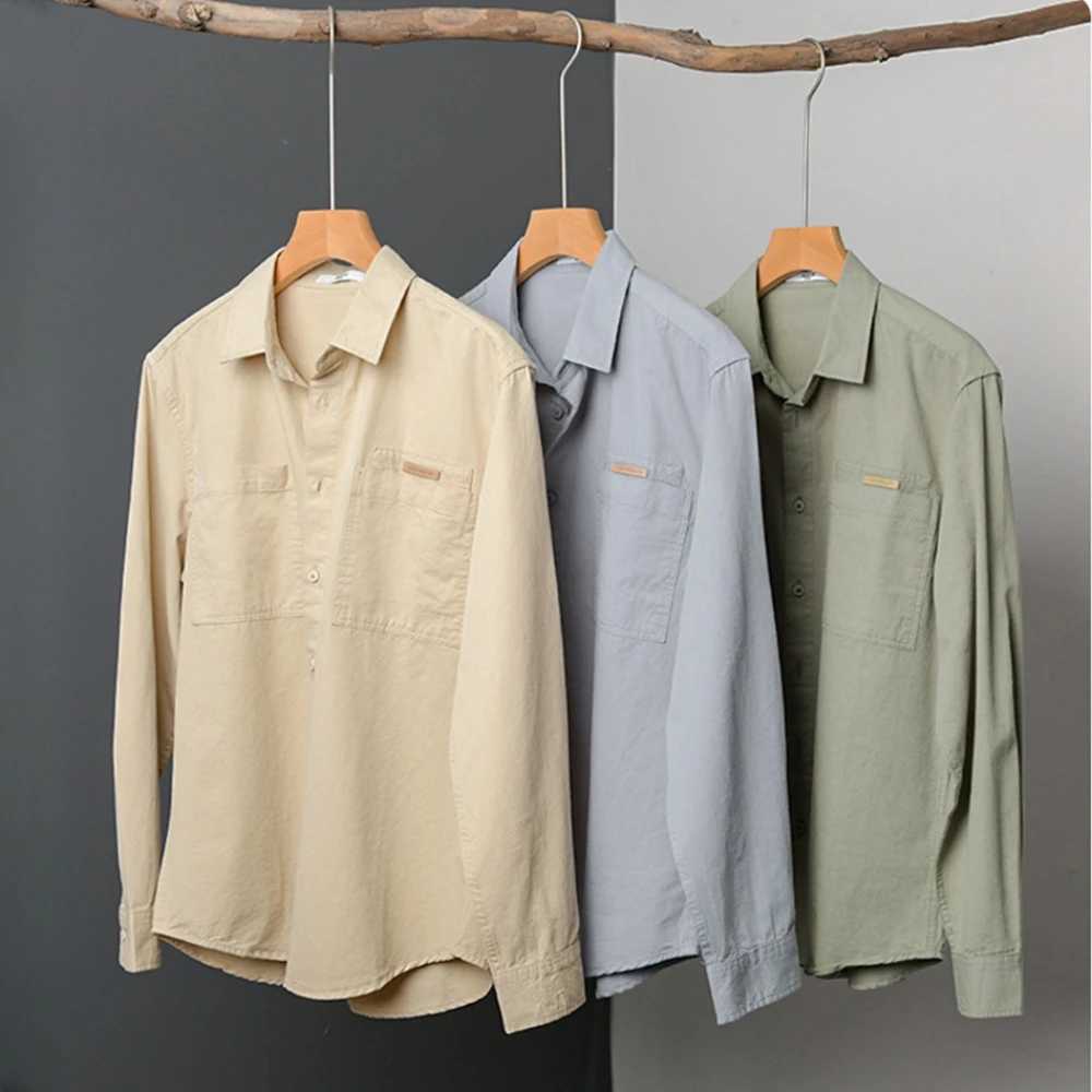 Spring Autumn Simple mens long sleeve shirts Solid Loose Casual shirt for young men vintage workwear shirts mens clothing tops W250224