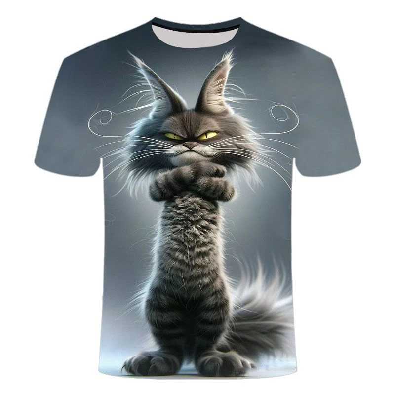 Interesting Angry Cat Graphic T-shirt Summer Fashion Short Sleeve Interesting 3D Animal Printing Mens and Womens T-shirt Casual Extra Large T-shirt W2