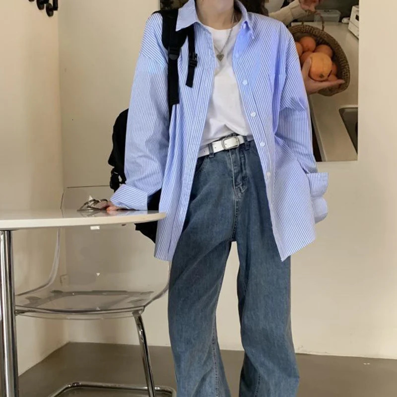 Preppy Style Long Sleeve Blue Striped Shirt Women Korean Fashion Turn Down Collar Loose Blouse Woman Harajuku Streetwear Shirt 250224