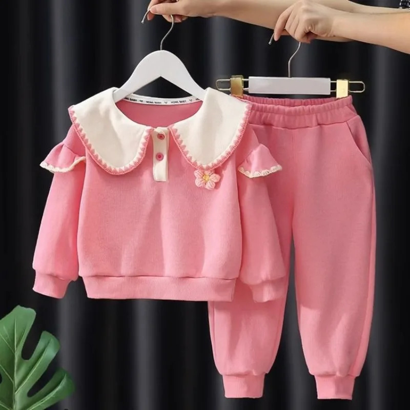 Autumn Kid Girls Clothes Set Mandarin Collar Sweatshirts Pullover Top and Pants Bottom 2 Pieces Suit Children Girl Sweet Outfits 250224