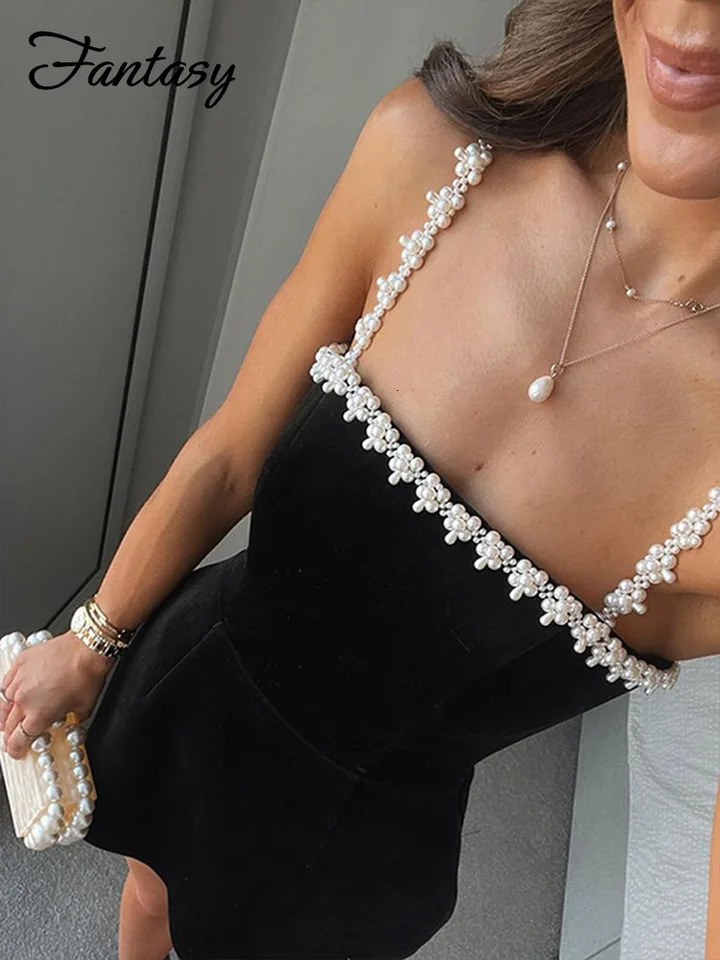 Elegant 3d Flower Pearl Slip Dress Women Sexy Square Collar Backless Sleeveless Mini Dresses 2025 Spring Black Slim Robe Lady 250224