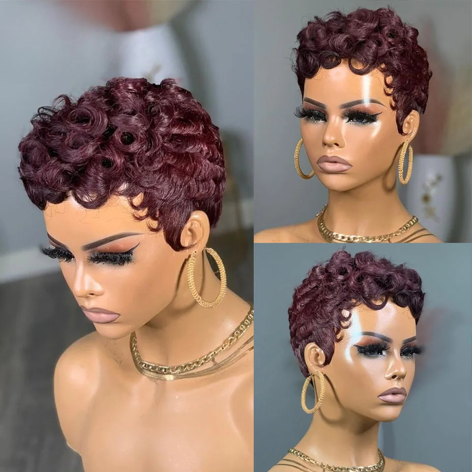 Free shipping 180density Brazlian Red /brown/ Blonde Finger Wave Wig Short Curly Full Lace Front for Women Pixie Cut Wigs Human Hair Cosplay Halloween