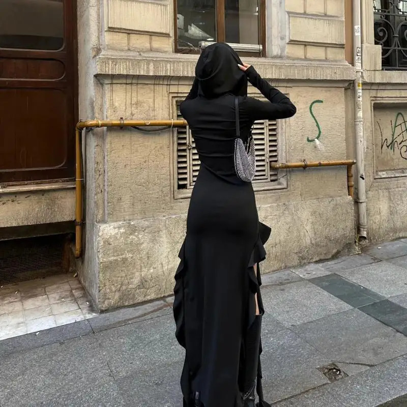 Sexy Winter Long Sleeve Black Maxi Ruffles Dress Outfits Women Y2K Streetwear Hooded Bodycon Irregular Split Dresses Vestido 250222