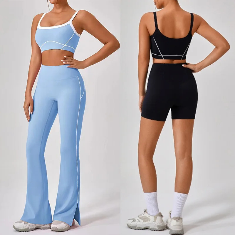 Summer 2pcs Patchwork Sport Yoga Suit High Waist Flare Split Leggings Women Outfit Fitness Workout Set Sportwear Women Tracksuit 250221