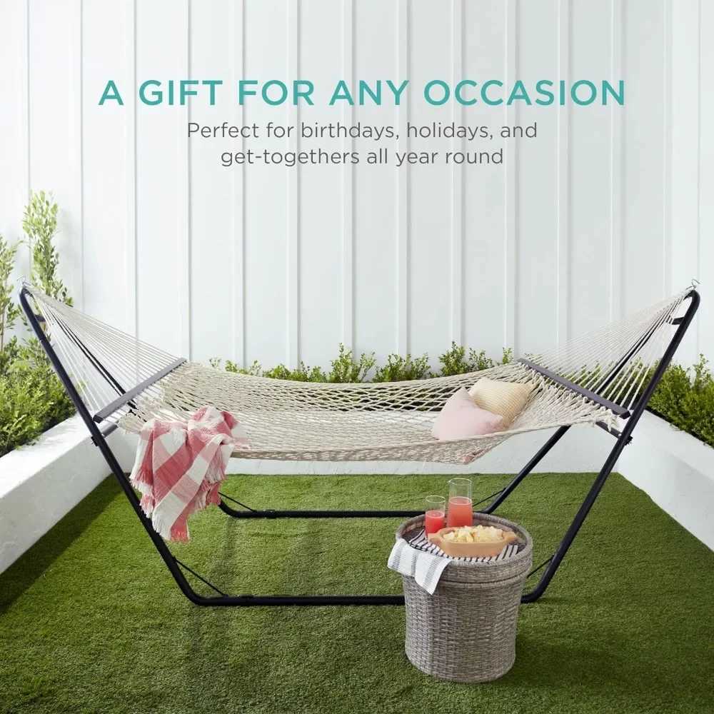 2-Person Double Hammock Outdoor Woven Cotton Rope Hammocks for Backyard Patio w/Spreader Bars X250224