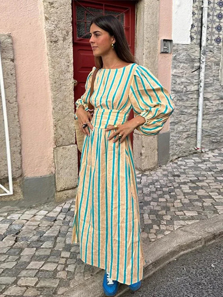 Fashion Striped Print Backless Long Dress For Women Elegant O Neck Lantern Sleeve Midi Dresses 2024 Summer High Waist Beach Robe 250222