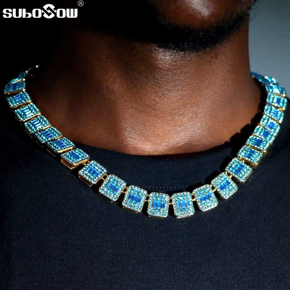 Mens shiny blue bagel tennis Cuban chain necklace mini paving square crystal d outer chain necklace hip-hop jewelry gift X250224