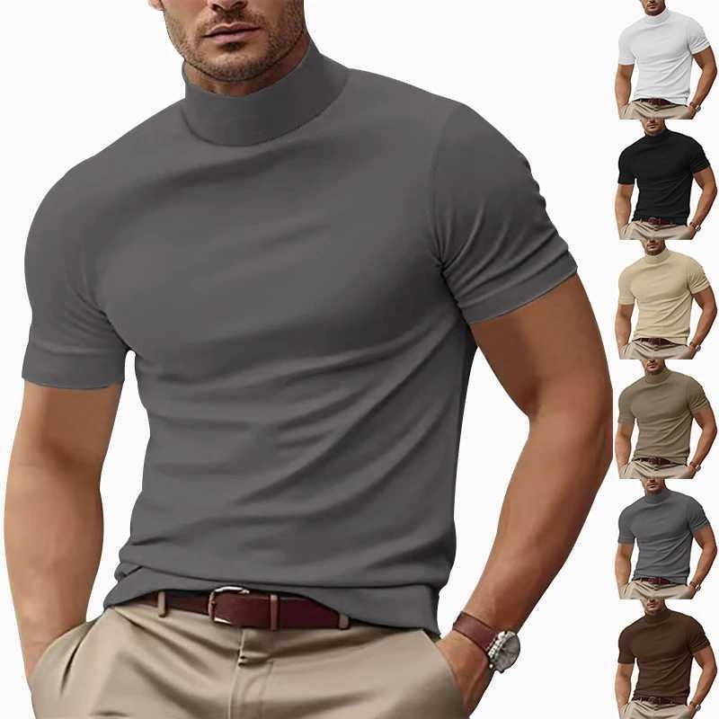 Cross-border summer new mens casual T-shirt fashion semi-high neck slim-fit solid color base trend W250224