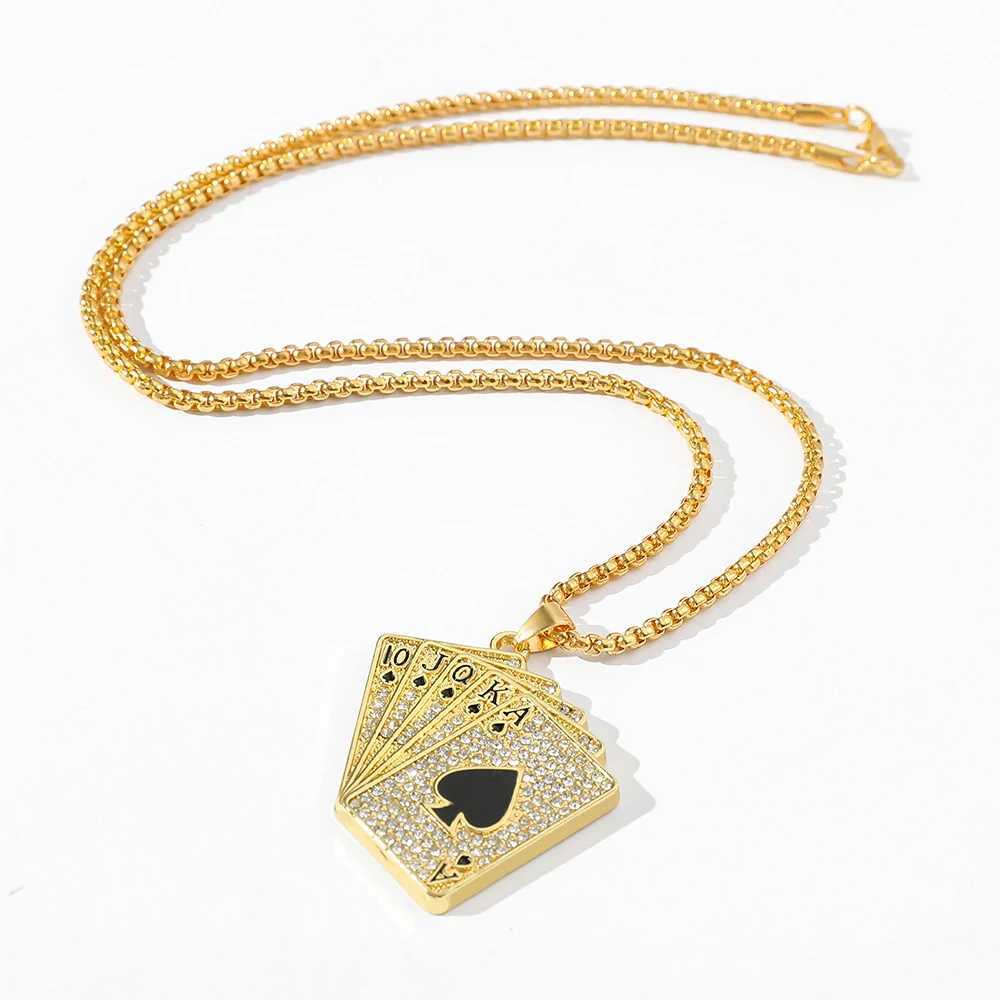 Mens Statement Fl Rhinestone Lucky Ace of Spades Pendant Necklace Gold Color Jewelry Fortune Playing Cards X250224