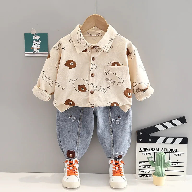 Spring Autumn Boys Clothing Set Full Print Cartoon Bear ShirtJeans 2Pcs Suit For Kids Children Outfit For 1-5 Years Old Kids 250224