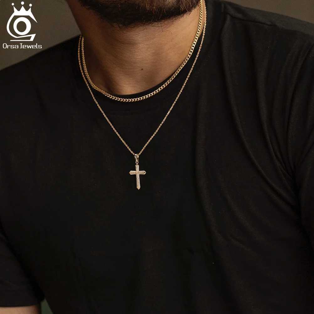 ORSA JEWELS Classic Cross with Clear CZ Pendant Necklace 925 Sterling Silver Hip Hop Religious Gothic Jewelry NMN06 X250224