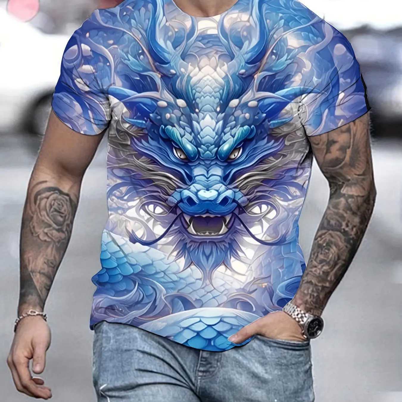 Mens fashionable 3D dragon print flower T-shirt casual slightly elastic breathable top suitable for outdoor summer W250224