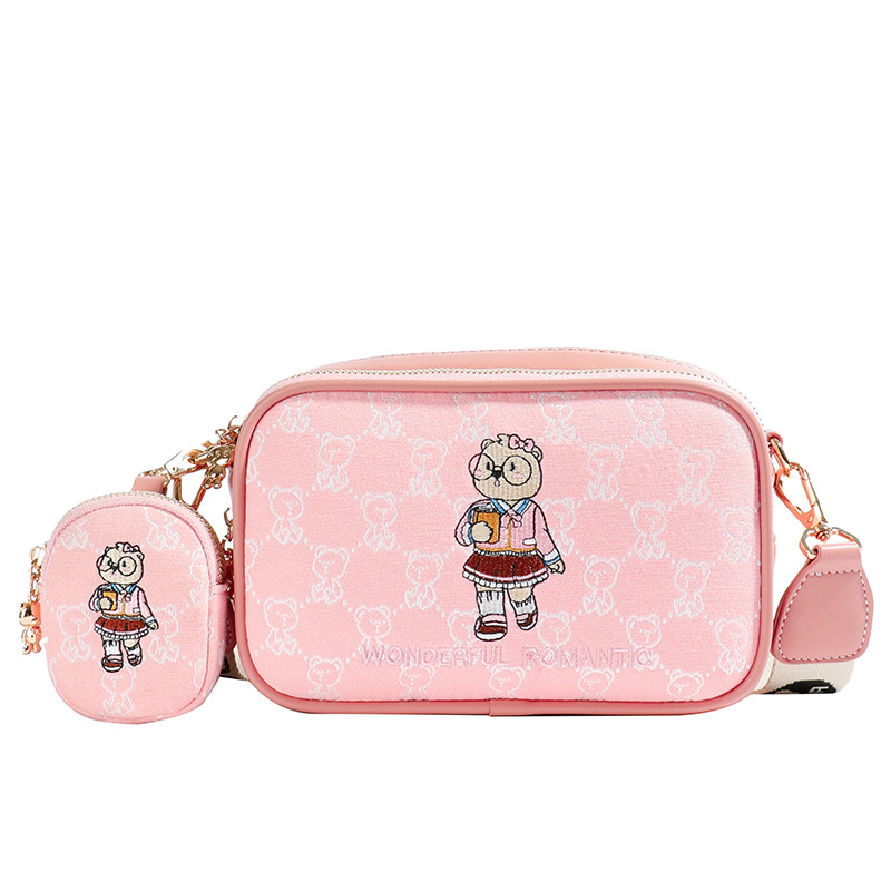 Women's Embroidered Canvas Small Square Bag with Wide Shoulder Strap - Crossbody Camera & Phone Tote with Cartoon Teddy Bear Design