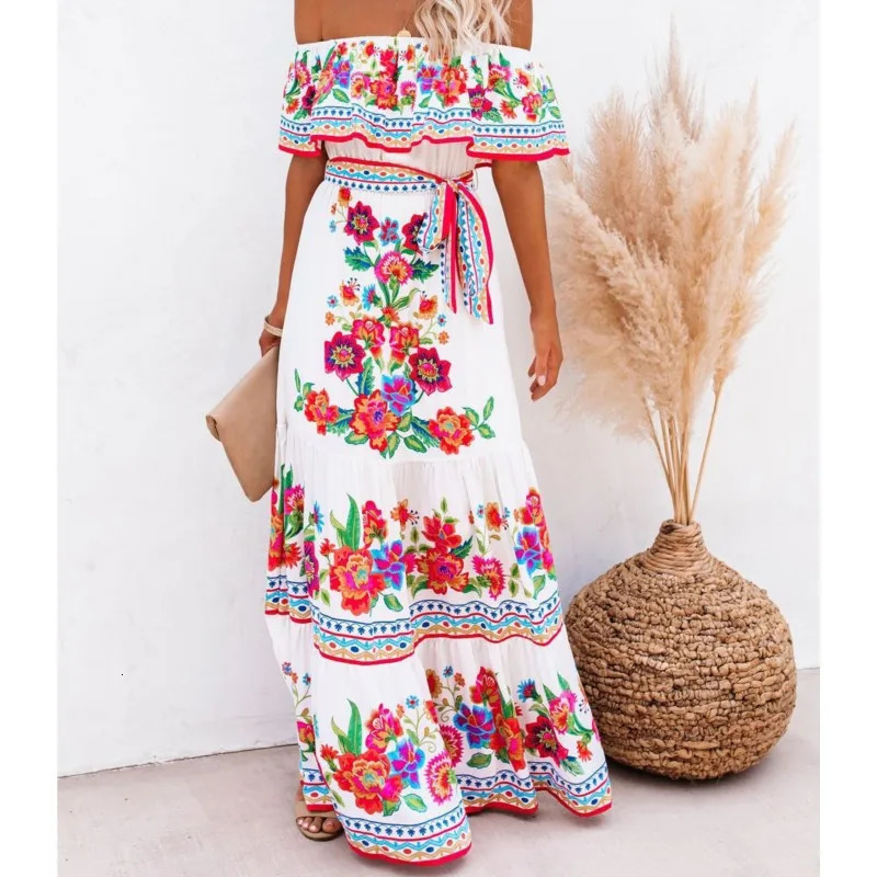 SpringSummer Women Retro Fashion One Shoulder Red Flower Printed Waist Collection Long Style Large Swing Casual Dress 250222