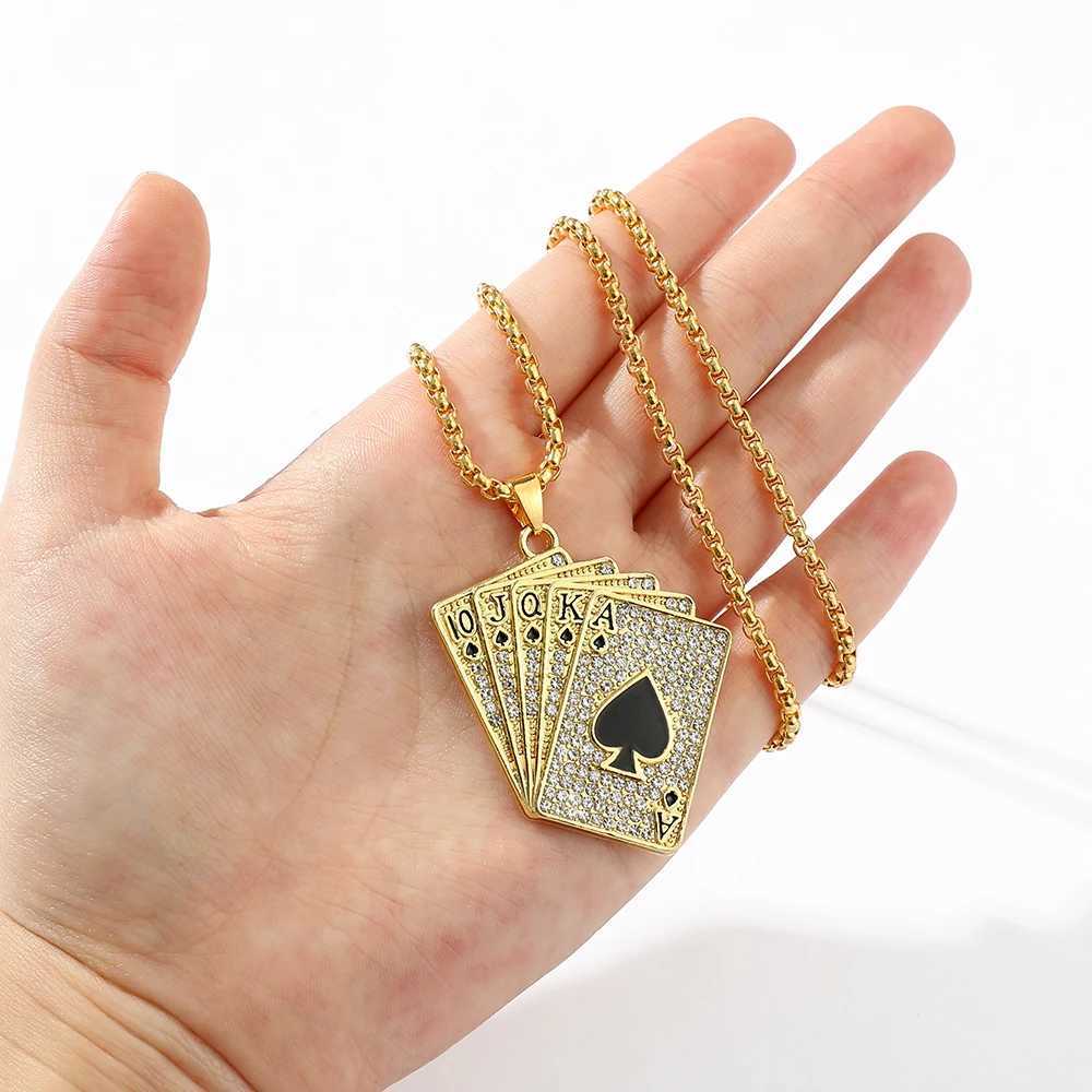 Mens Statement Fl Rhinestone Lucky Ace of Spades Pendant Necklace Gold Color Jewelry Fortune Playing Cards X250224