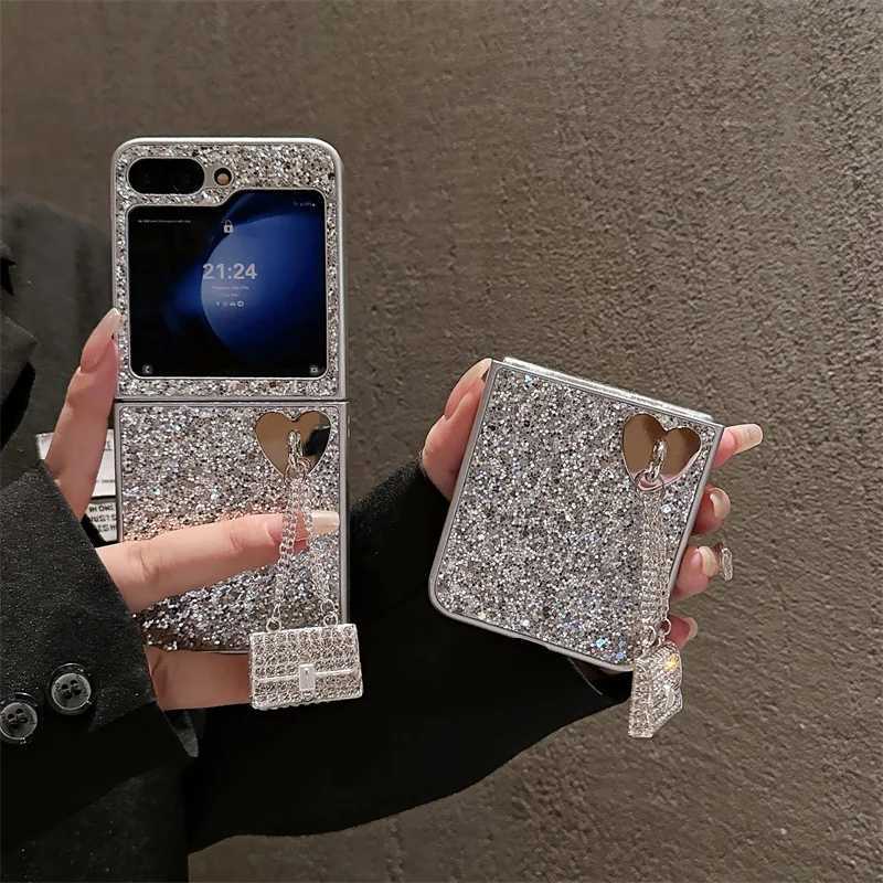 Luxury Glitter Phone Case For Galaxy Z Flip 6 5 4 3 Cover with Cute Bag Pendant Plating Silver Cases For Flip5 Flip4 5G X250224