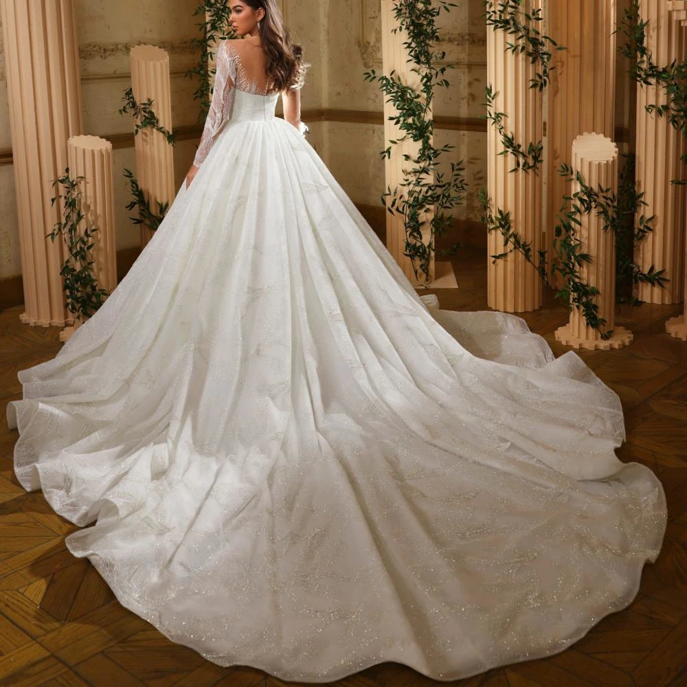 Classic A e Women Wedding Sheer Neck Long Sleeves Bridal Gowns Appliques Sweep Train Dress Custom Made