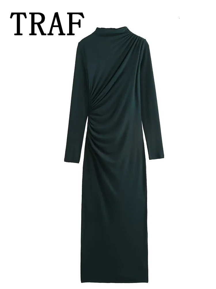TRAF Ruched Long Dresses for Women Autumn Fashion Stand Collar Sleeve Midi Dress Woman Evening Party 250222