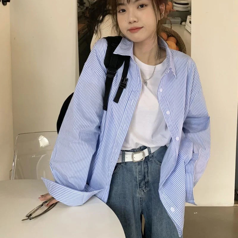 Preppy Style Long Sleeve Blue Striped Shirt Women Korean Fashion Turn Down Collar Loose Blouse Woman Harajuku Streetwear Shirt 250224