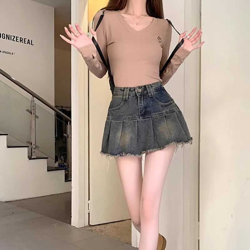 D51150 Retro distressed pleated denim skirt for women summer high waist slimming anti-exposure hip skirt trendy