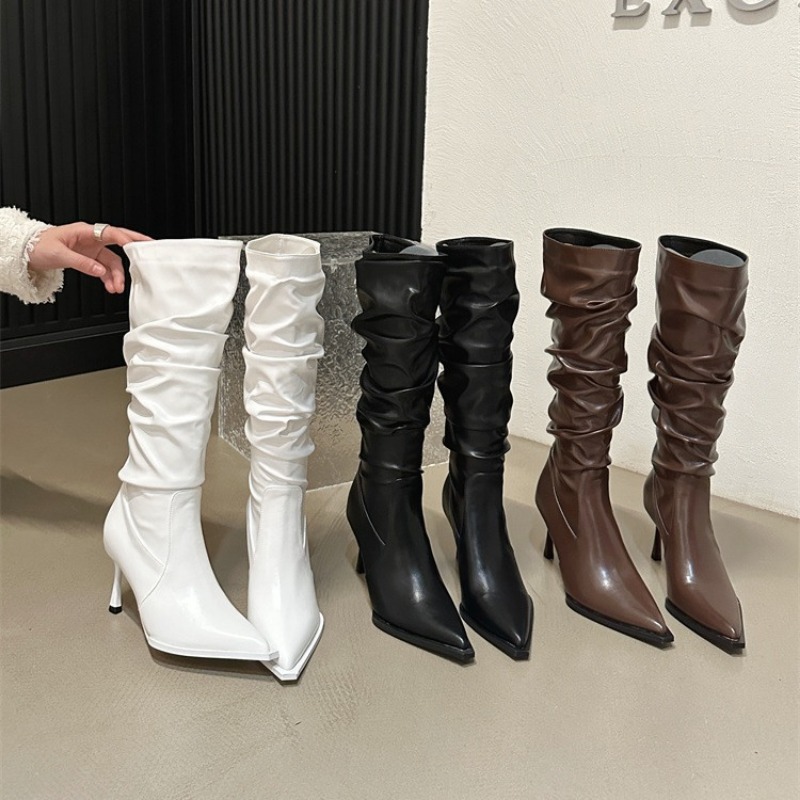 Womens Pointed High Heel Boots - European & American Style Thin Elastic Piled