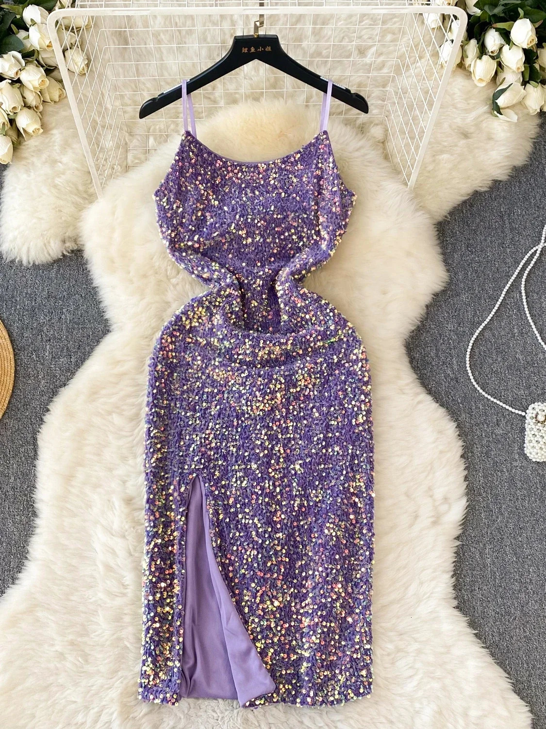 Women Sexy Long Midi Dress Purple Sequins Split Suspender Slim Fit Bodycon Party Club 250222