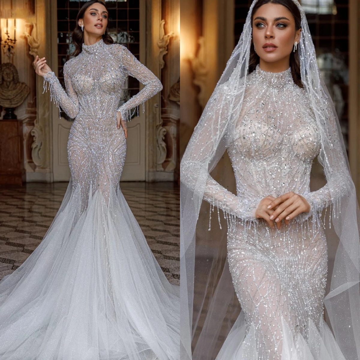 Exquisite Mermaid Wedding Dress High Collar Long Sleeves Bridal Gowns Sequins Crystal Sweep Train Dresses Custom Made vestidos de novia