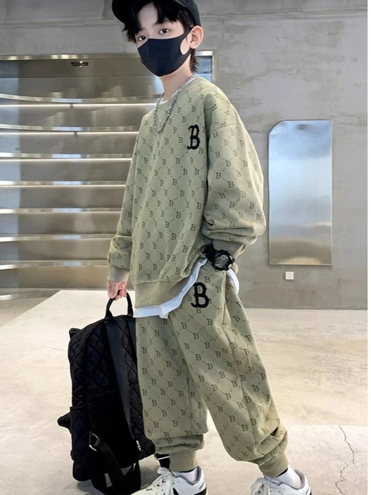 Spring Children Boy Clothes Set Kid Girls All Over Printed Letter Sweatshirts Pullover Top and Pants 2 Pieces Suit Tracksuits 250224