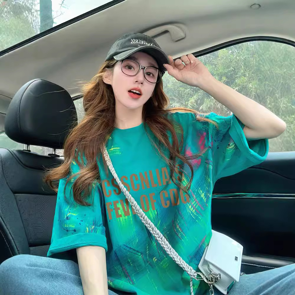 Minimalist style western-style letter graffiti pure cotton medium to long length t-shirt womens high-end colorful tie dye loose fitting meat cover top
