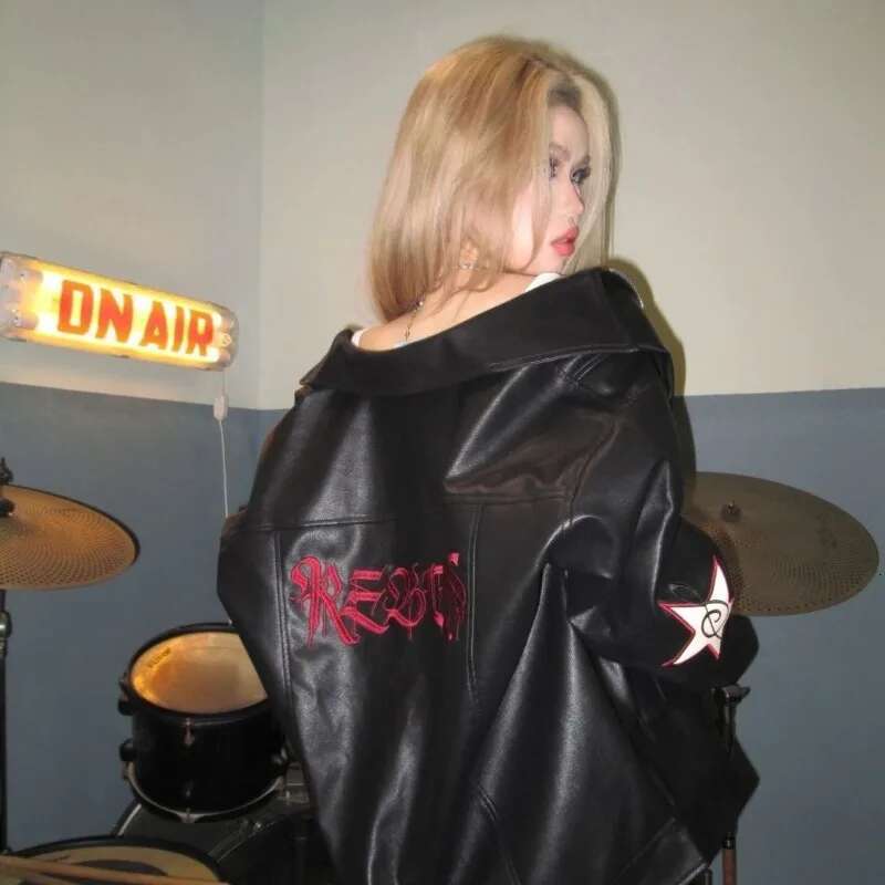 Y2K New Vintage Embroidered Motorcycle Leather Jacket Men And Women Streetwear Hip Hop Fashion Brand Loose Couple Coat