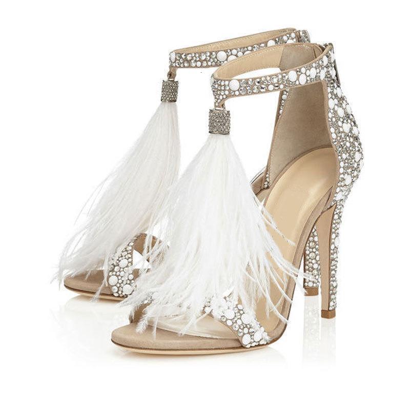 Summer new women's sandals sexy slim and fashionable feather rhinestone exposed toe size