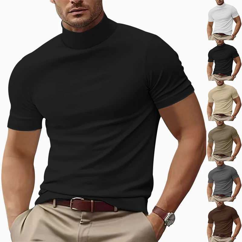 Cross-border summer new mens casual T-shirt fashion semi-high neck slim-fit solid color base trend W250224