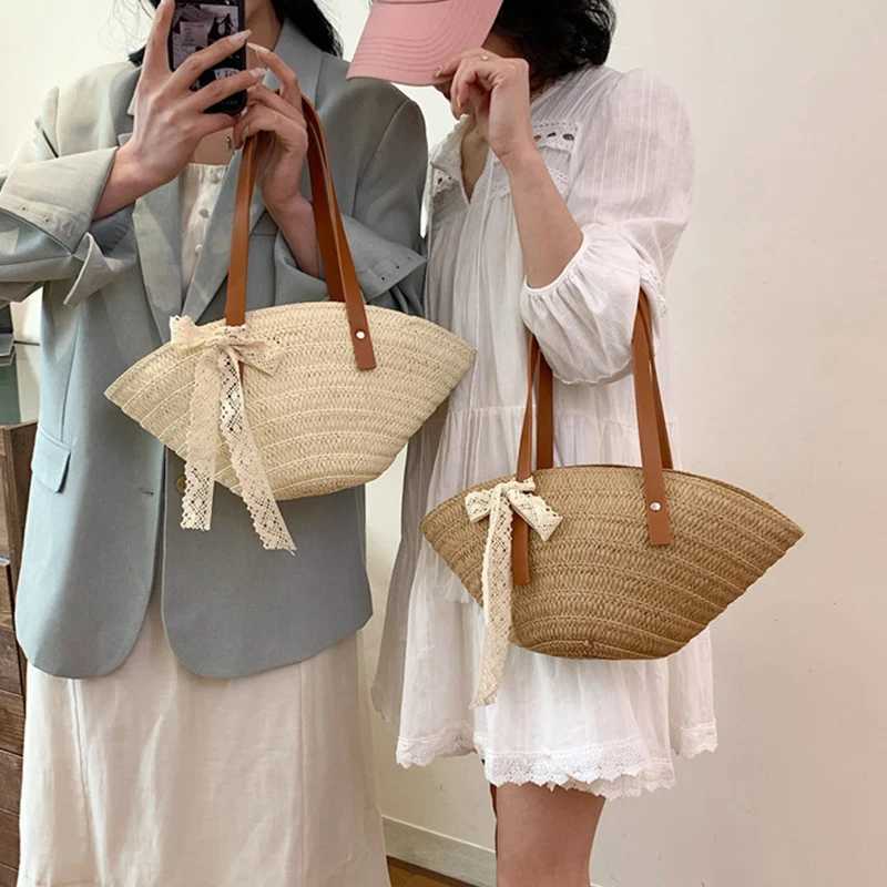 Weave Tote Bag Large Capacity Summer Beach Straw Ribbon Handbag Purse Female Bohemian Shoulder Bag for Women Ladies Travel Bag
