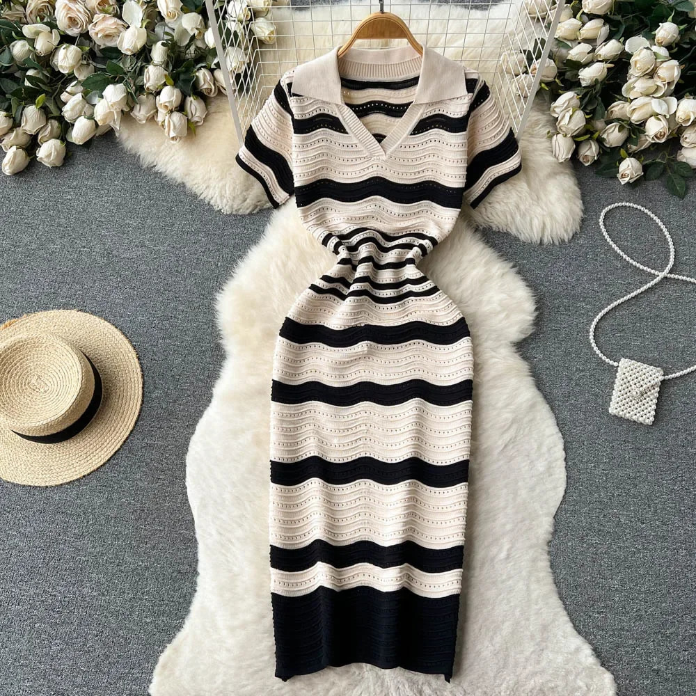 Short Sleeves Striped Long Dress Lapel Neck Hollow Out Slim Bodycon Sundress Fashion sweet Knitted Beach Midi 250222