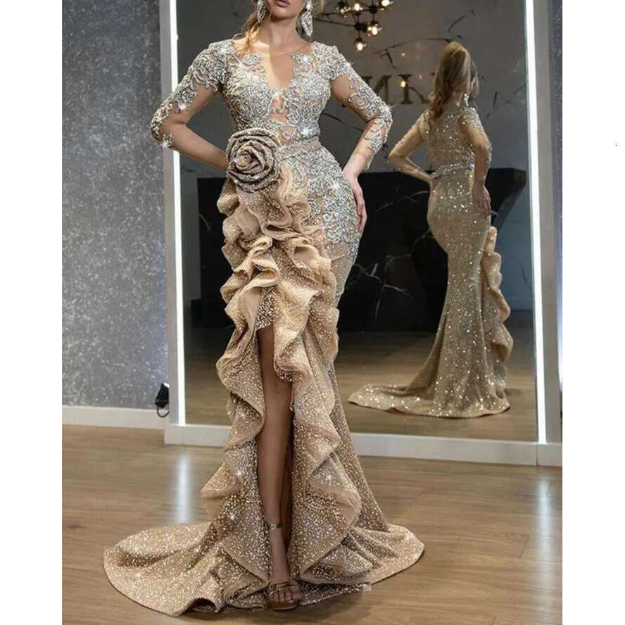 Plus Size Gold Sequins Mermaid Prom Dresses Long Sleeves Evening Gowns Off Shoulder Women Cheap High Split Formal Dress