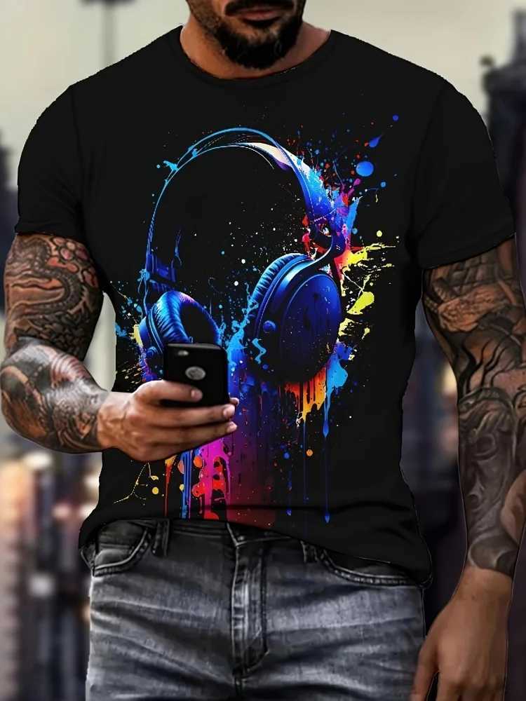 3D Graffiti Headphones Printed Mens Fashion T-shirt Summer Daily Casual Mens T-shirt Urban Street Mens Short-sleeved Top W250224