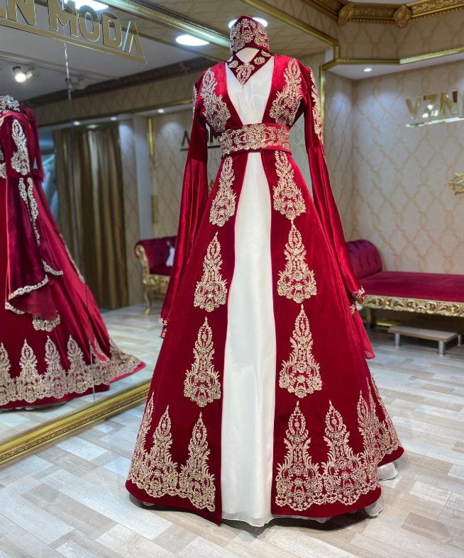 Gorgeous Red Moroccan Wedding Dress Caftan Turkish Jellaba Bride Dress 2025 Long Sleeve Lace Arabian Algerian Bridal Irish Vestido De Noiva Casamento 