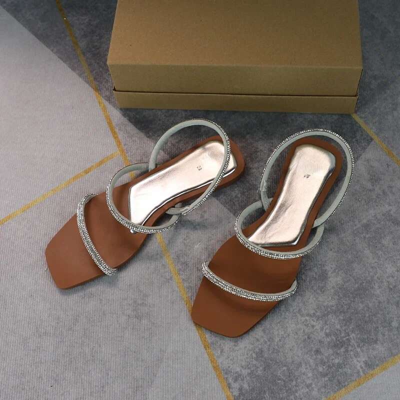 Women's Bg Flat Sandals Square Toe Broken Dia Shiny Thin Strip Summer Shoes Woman Comfortable Casual Slippers